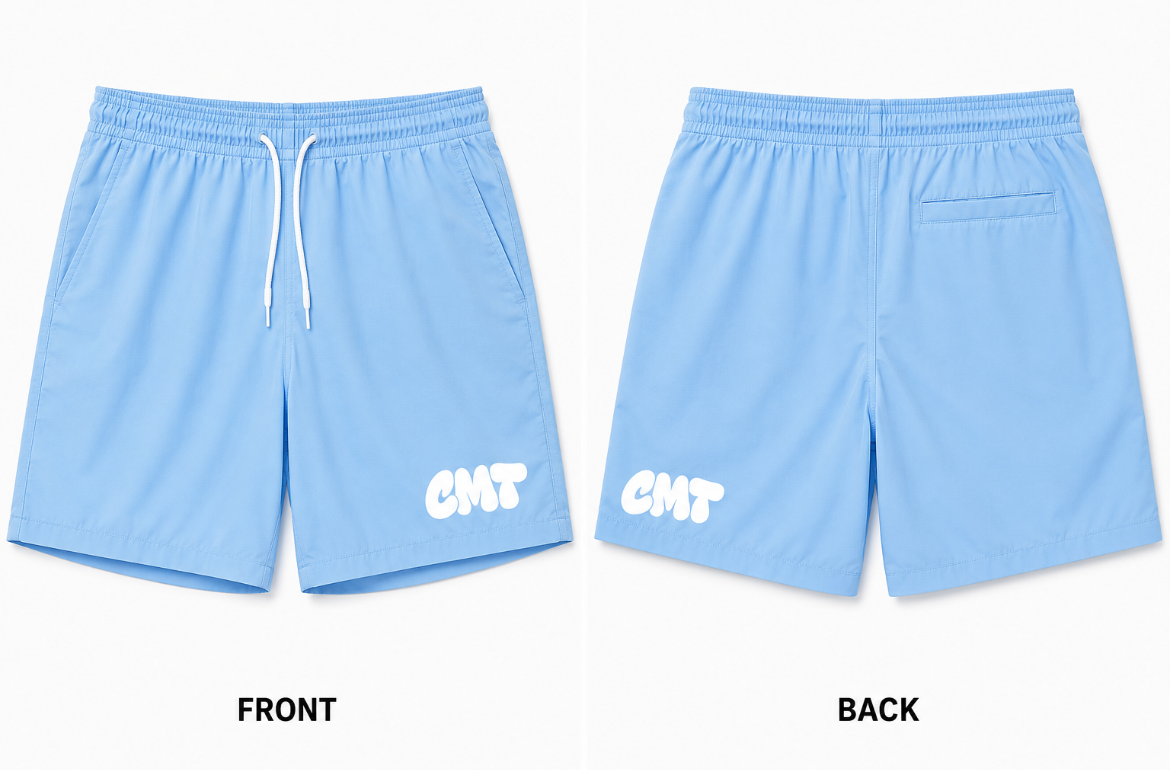 Light blue shorts shown from front and back with signature Comet branding 